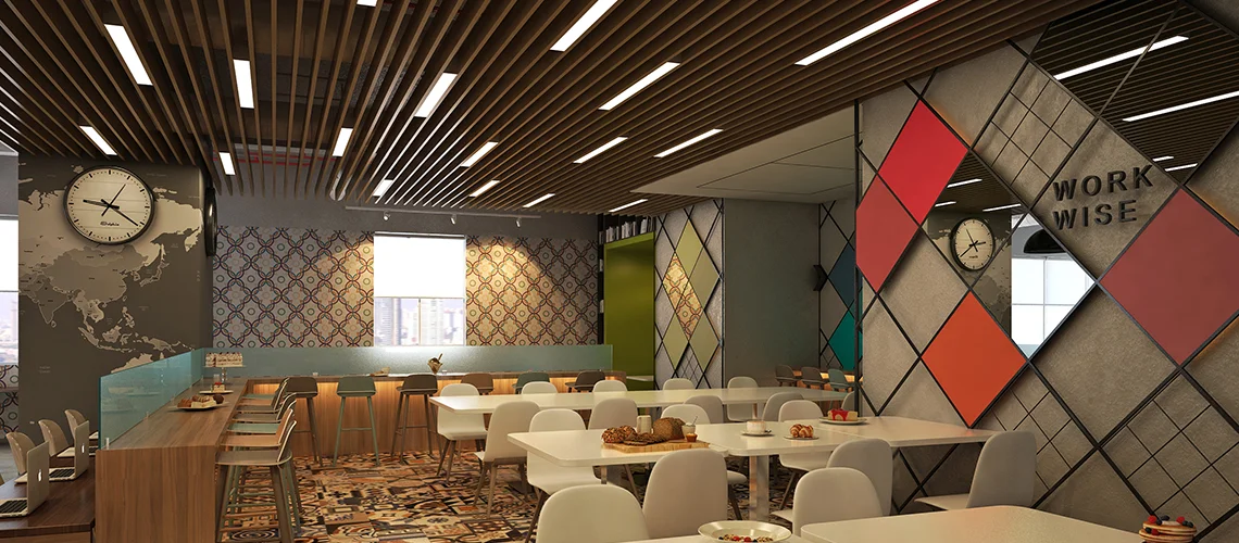 Work-wise area design in the canteen by 7 Nirvana, featuring a modern and functional workspace with comfortable seating