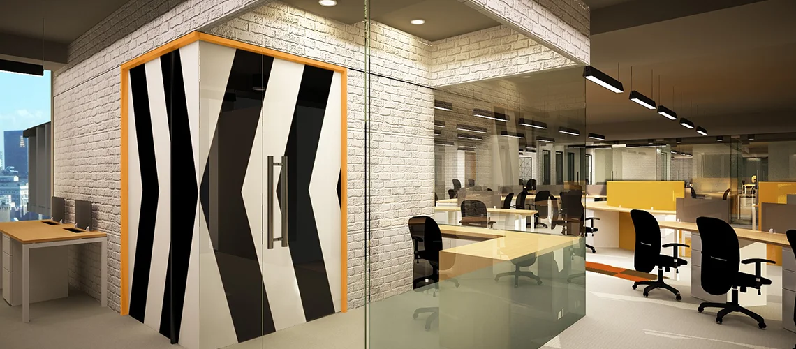 An elegant and modern office interior at 7 Nirvana featuring a spacious workspace