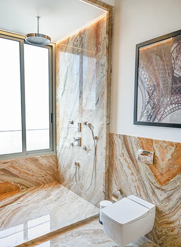 7 Nirvana's washroom wall design features a contemporary and stylish pattern