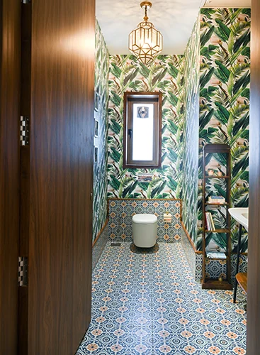 An elegant washroom wallpaper design by 7 Nirvana, featuring a soothing blend of soft pastel colors