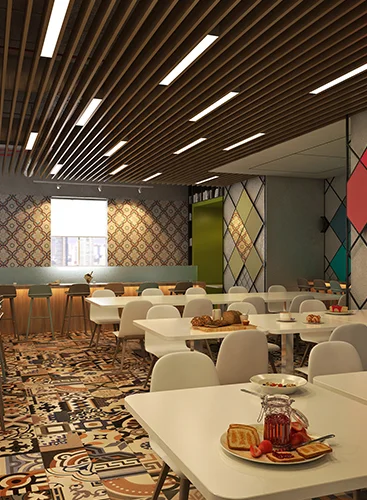 A modern, elegant restaurant interior with dimmed lighting, wooden accents, and comfortable seating