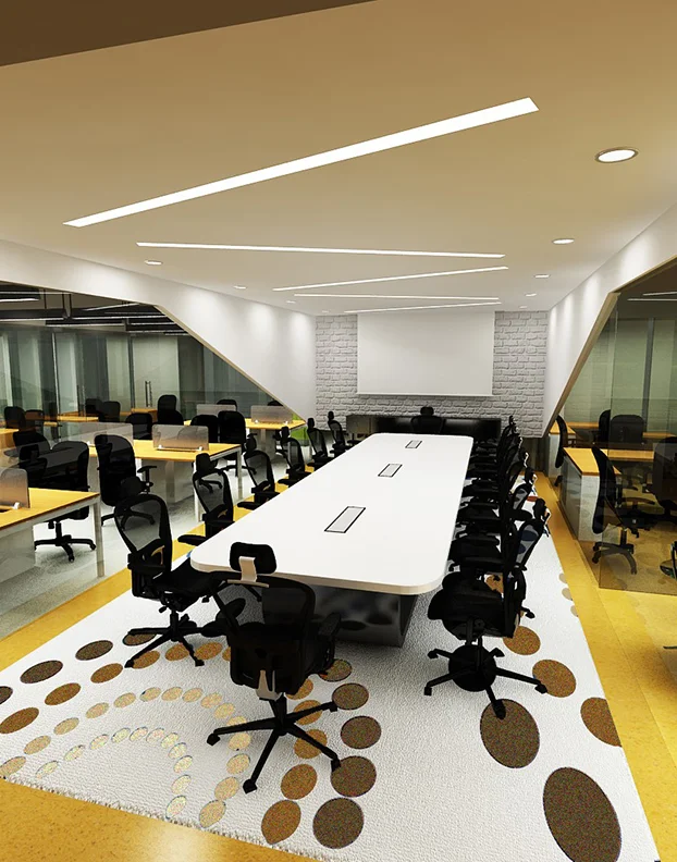 A cozy office with a conference table and chairs, featuring a white and yellow theme on the walls and tiles.