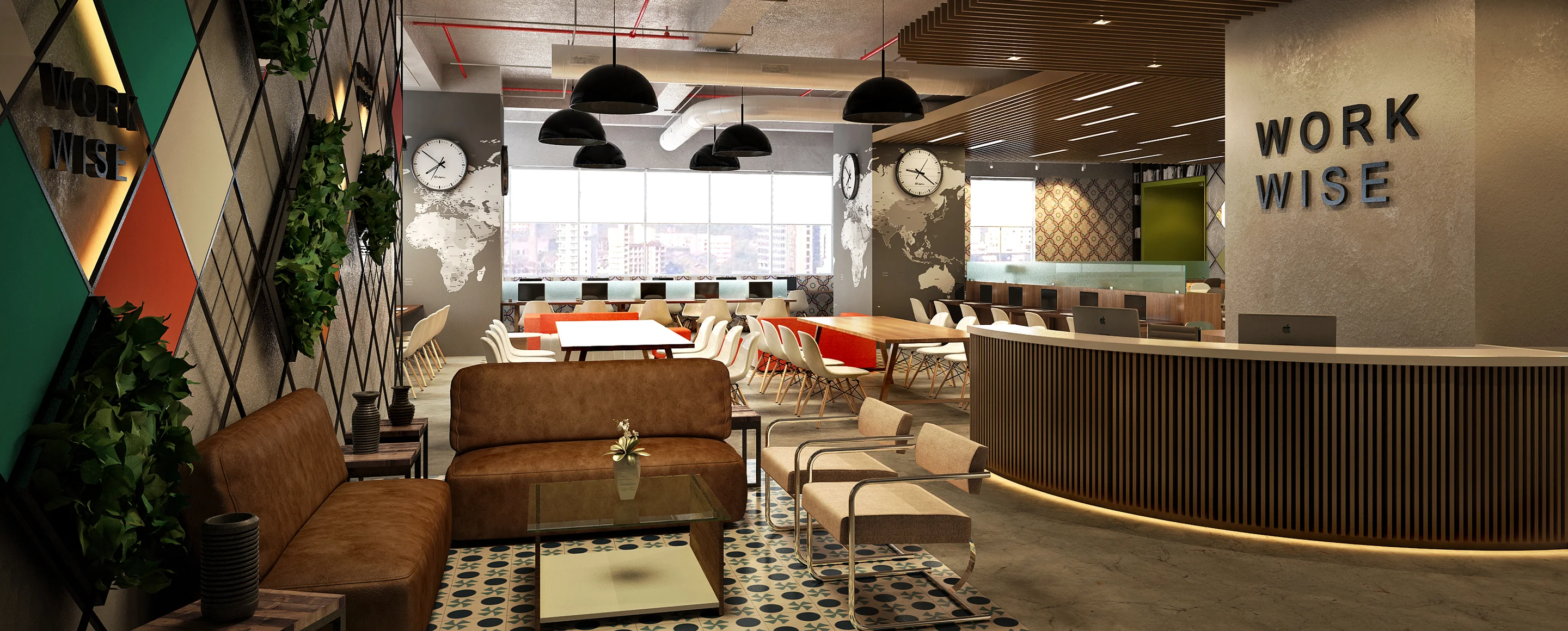 Asthenic concept design office interior surrounded by chairs and logo Workwise