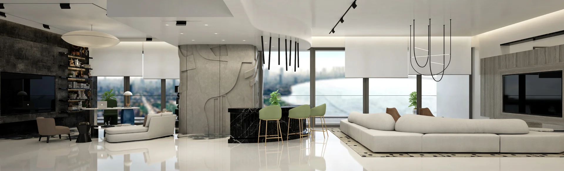 CHRONICLES Desgin A chic living room design showcasing white furniture and a spacious television, creating a bright and inviting atmosphere.