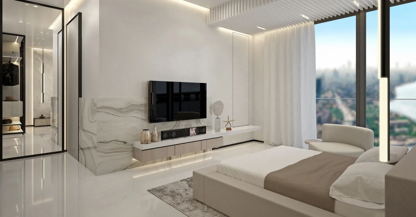 CHRONICLES Desgin A stylish modern bedroom equipped with a large television and offering a stunning view of the city outside.
