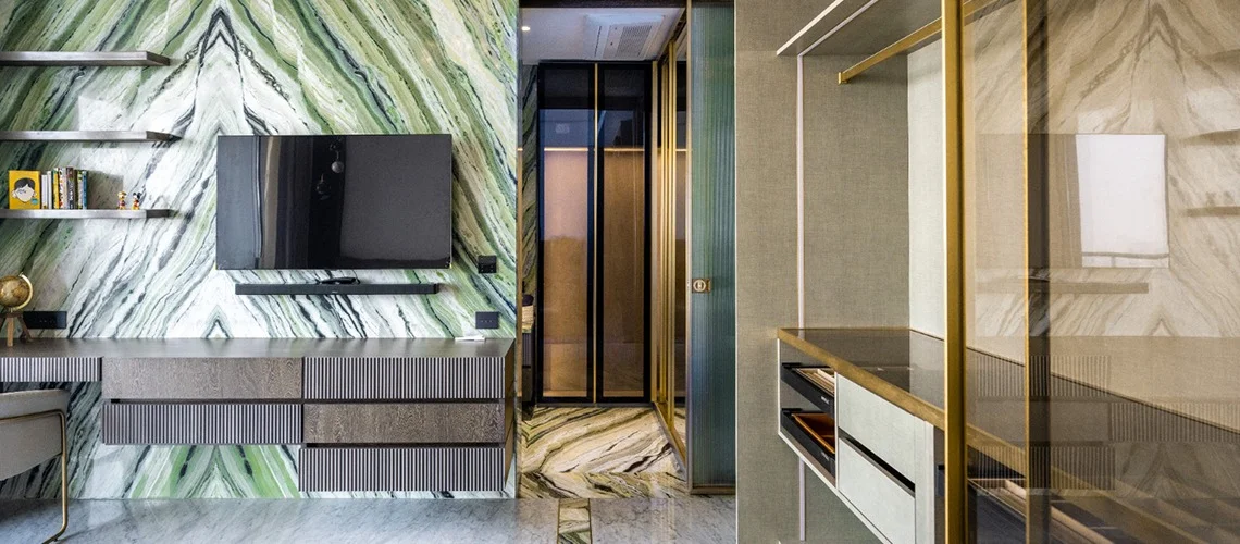 a modern TV unit interior design with polished marble walls and a rich green marble floor, highlighting contemporary aesthetics and elegance.