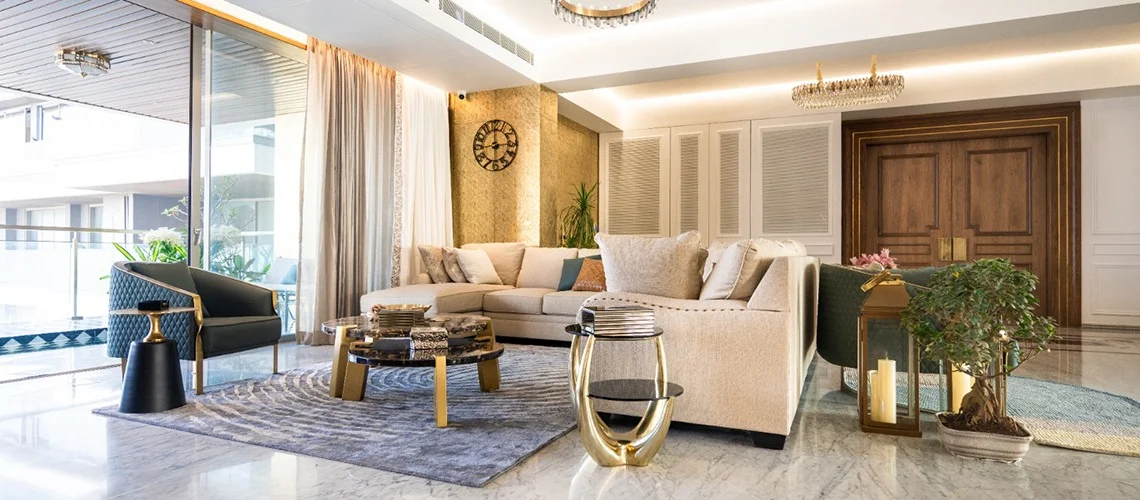 luxurious living room adorned with elegant furniture, creating a sophisticated and inviting atmosphere.