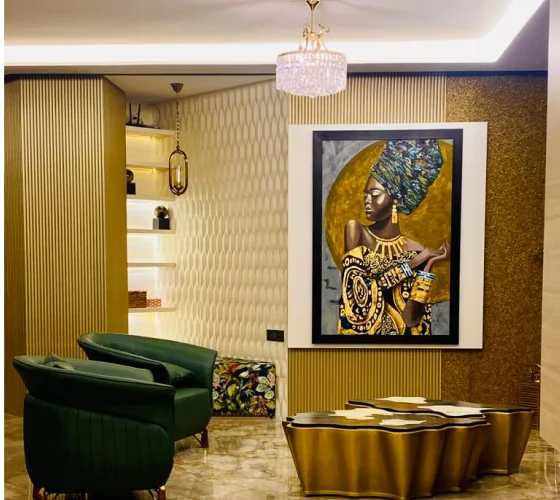 a luxury interior design in a modern living room by 7Nirvana, showcasing elegant furniture, ambient lighting, and stylish decor elements.